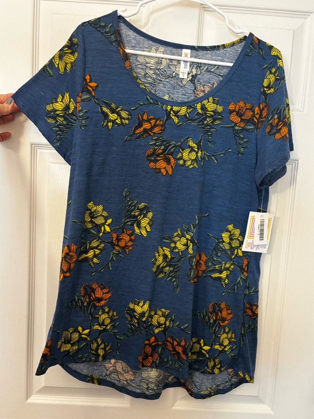 LuLaRoe Blue Scoop Neck Tee with Yellow & Orange Floral Print